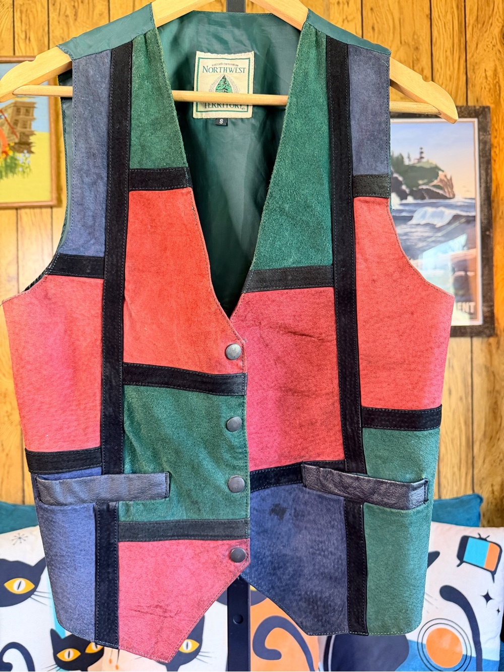 Vintage Northwest Territory Multicolor Suede Leather Patchwork Vest - Picture 2 of 10